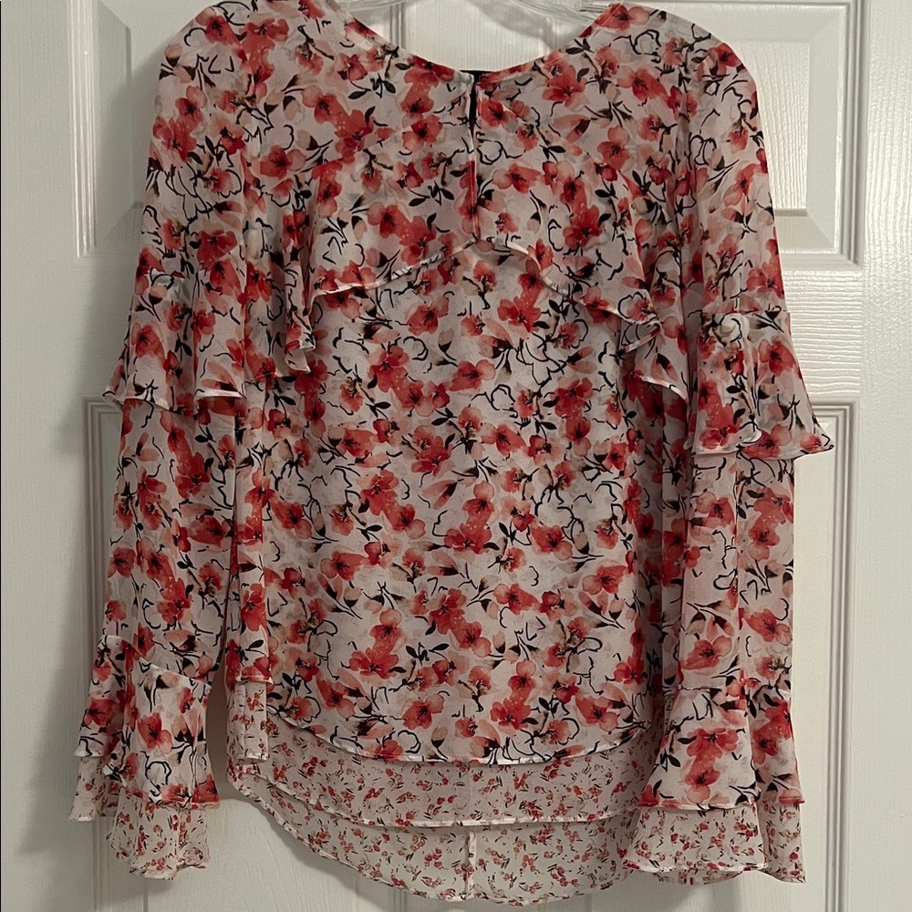 White House Black Market Red and Black Floral Blouse
